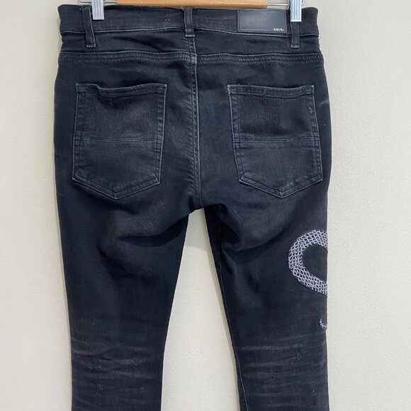 Amiri Glitter Snake Patch Broken Skinny Jeans Distressed Sz 30 FLAW - Picture 5 of 14